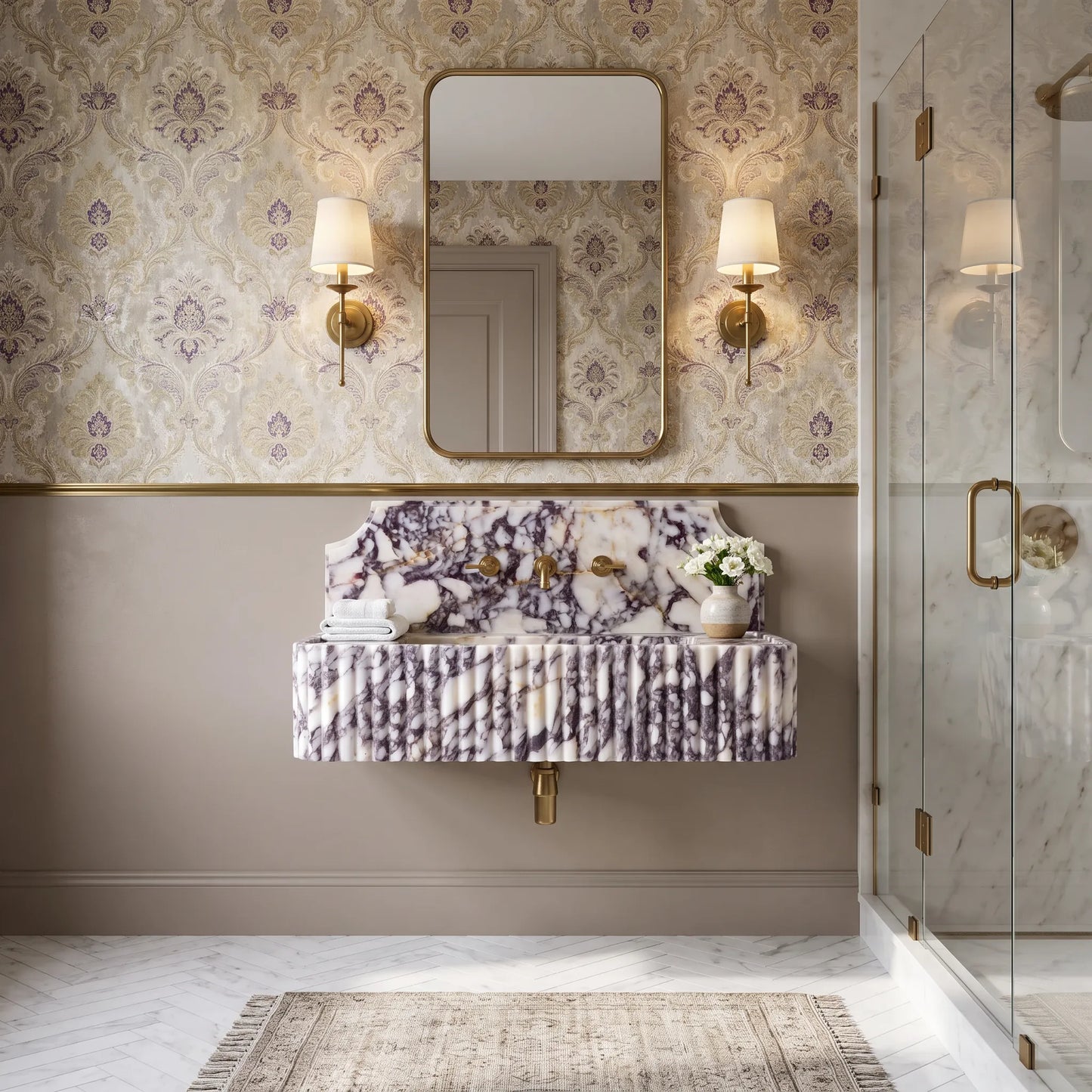 Aldora - Custom Wall-Mounted Calacatta Viola Fluted Marble Bathroom Sink