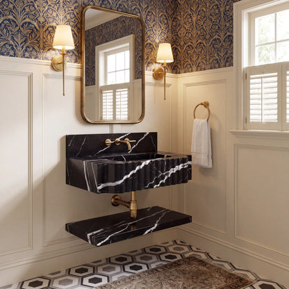Ancona – Custom Wall-Mounted Fluted Nero Marquina Marble Bathroom Sink with Floating Shelf