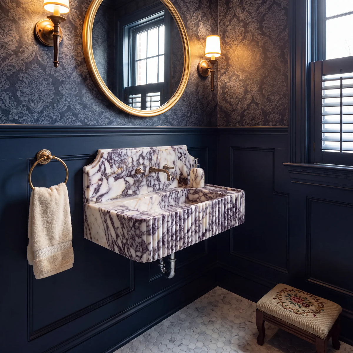 Aldora - Custom Wall-Mounted Calacatta Viola Fluted Marble Bathroom Sink