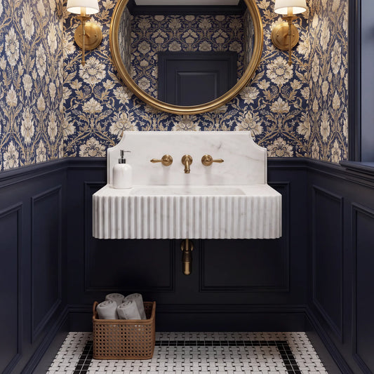 Lumera - Custom Wall-Mounted Fluted Carrara White Marble Bathroom Sink with Backsplash