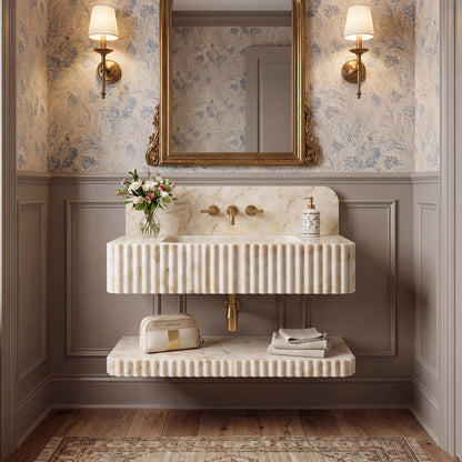 Lumero - Custom Wall-Mounted Fluted Calacatta Gold Marble Bathroom Sink with Backsplash