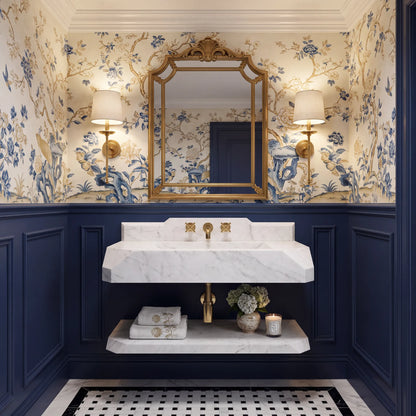 Madrid – Custom Wall-Mounted Carrara White Marble Bathroom Sink with Backsplash & Floating Shelf