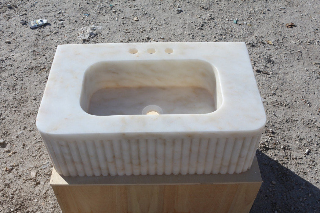24’’ Afyon Sugar Fluted Marble Sink – Wall Mounted Floating Vanity – Luxury Bathroom Sink Handmade