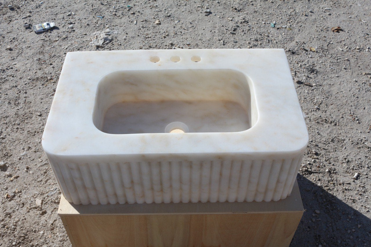 24’’ Afyon Sugar Fluted Marble Sink – Wall Mounted Floating Vanity – Luxury Bathroom Sink Handmade