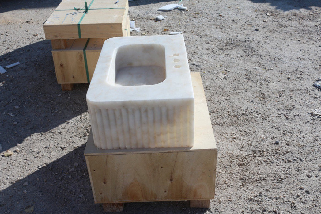 24’’ Afyon Sugar Fluted Marble Sink – Wall Mounted Floating Vanity – Luxury Bathroom Sink Handmade
