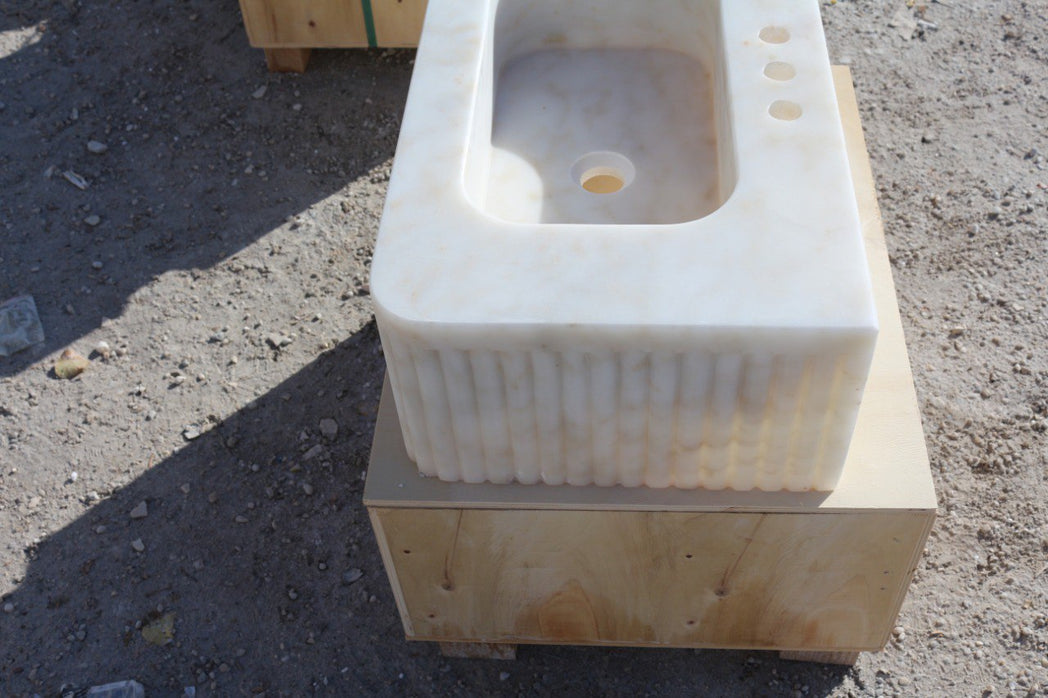 24’’ Afyon Sugar Fluted Marble Sink – Wall Mounted Floating Vanity – Luxury Bathroom Sink Handmade