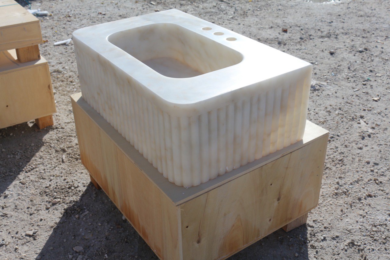 24’’ Afyon Sugar Fluted Marble Sink – Wall Mounted Floating Vanity – Luxury Bathroom Sink Handmade