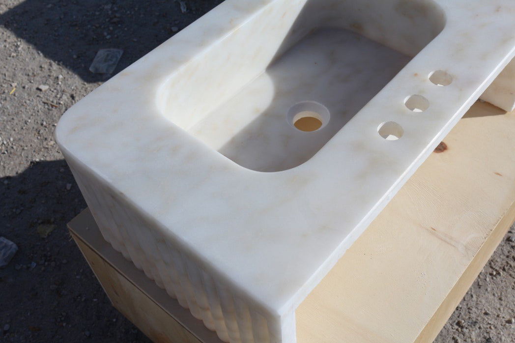 24’’ Afyon Sugar Fluted Marble Sink – Wall Mounted Floating Vanity – Luxury Bathroom Sink Handmade