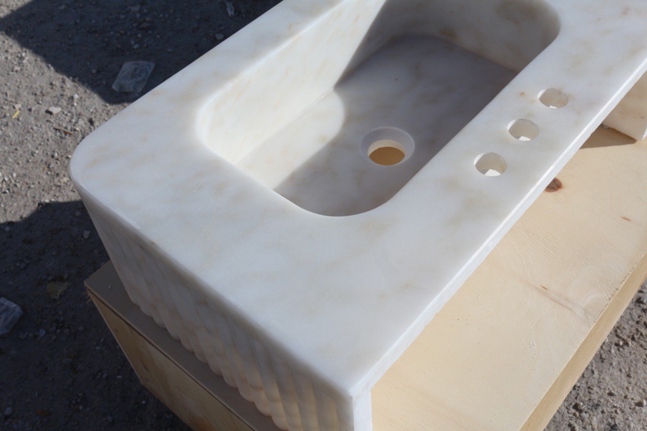 24’’ Afyon Sugar Fluted Marble Sink – Wall Mounted Floating Vanity – Luxury Bathroom Sink Handmade