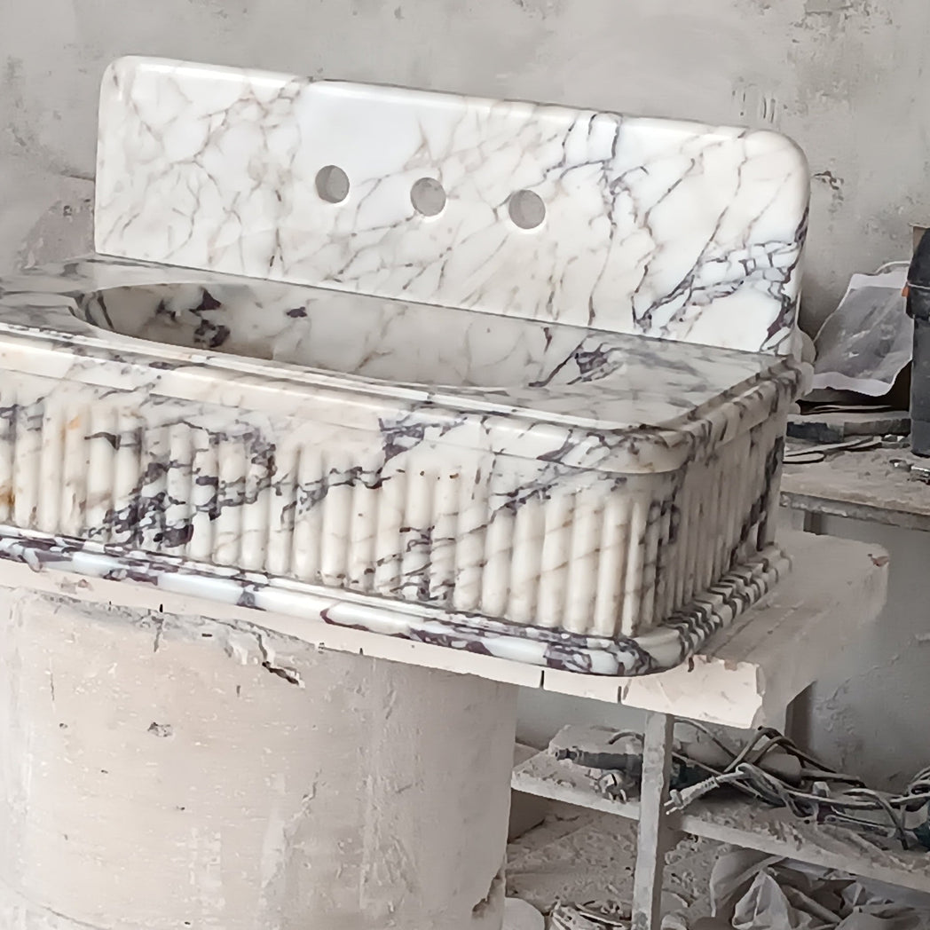 24’’ Calacatta Double Fluted Marble Sink – Wall Mounted Floating Vanity