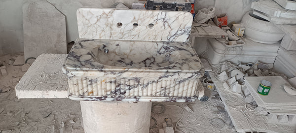 24’’ Calacatta Double Fluted Marble Sink – Wall Mounted Floating Vanity