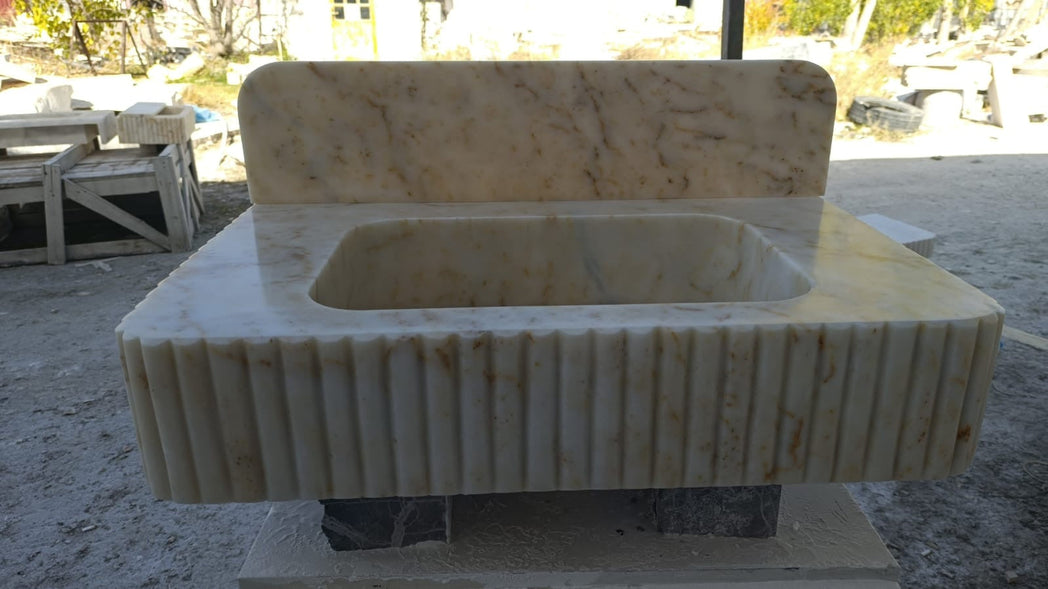 24’’ Calacatta Gold Fluted Marble Sink – Wall Mounted Floating Vanity – Luxury Bathroom Sink Handmade