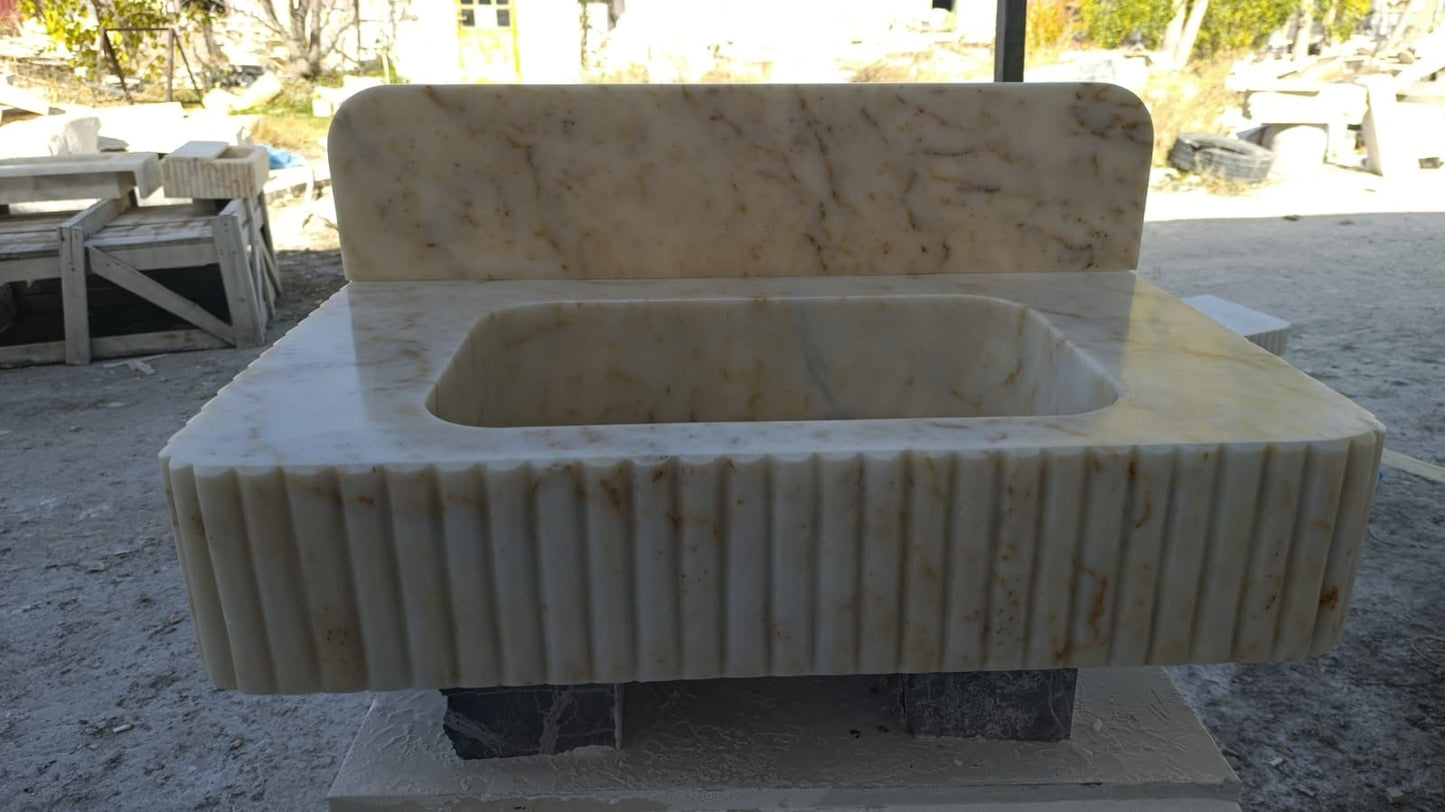 24’’ Calacatta Gold Fluted Marble Sink – Wall Mounted Floating Vanity – Luxury Bathroom Sink Handmade