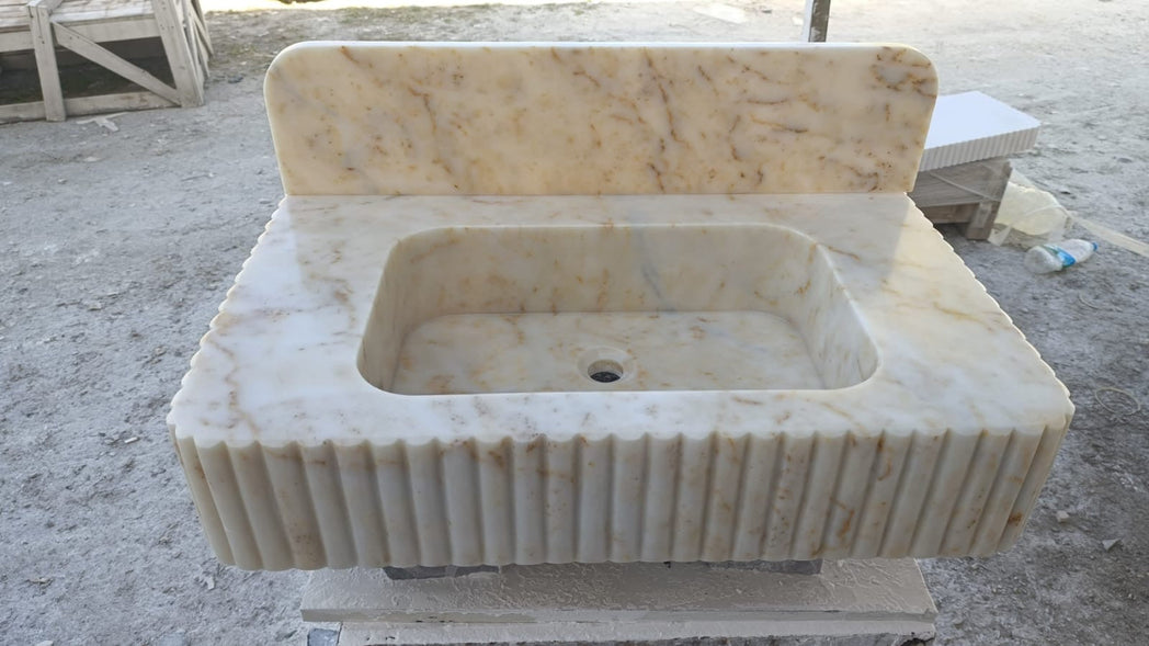 24’’ Calacatta Gold Fluted Marble Sink – Wall Mounted Floating Vanity – Luxury Bathroom Sink Handmade