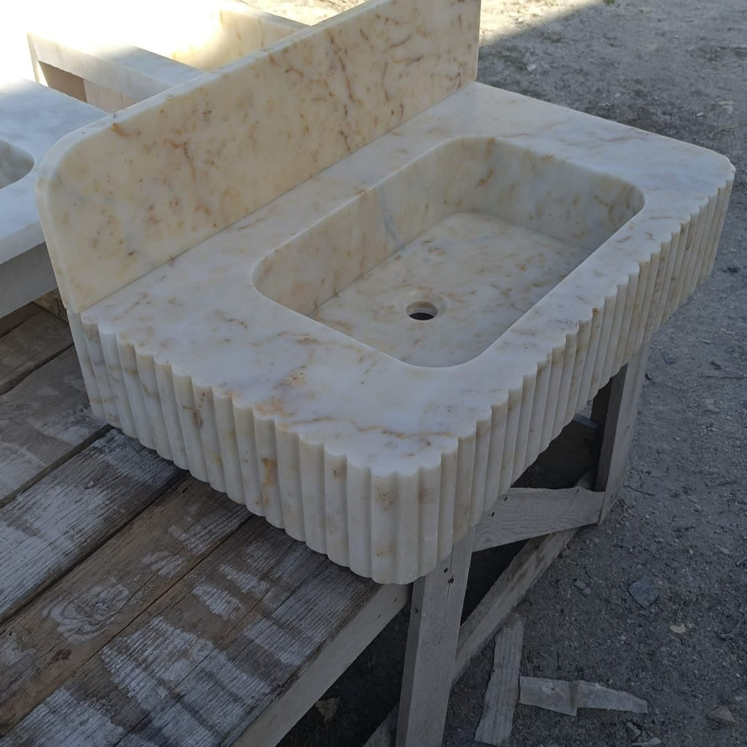24’’ Calacatta Gold Fluted Marble Sink – Wall Mounted Floating Vanity – Luxury Bathroom Sink Handmade