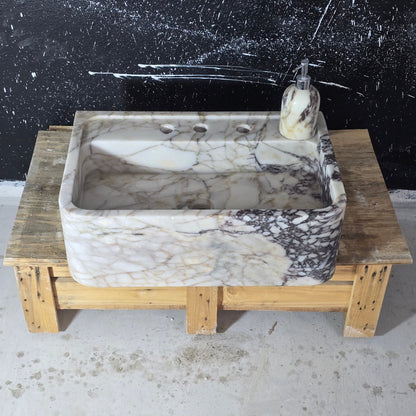 24’’ Calacatta Viola Marble Sink – Wall Mounted Floating Vanity – Luxury Bathroom Sink Handmade