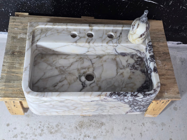 24’’ Calacatta Viola Marble Sink – Wall Mounted Floating Vanity – Luxury Bathroom Sink Handmade
