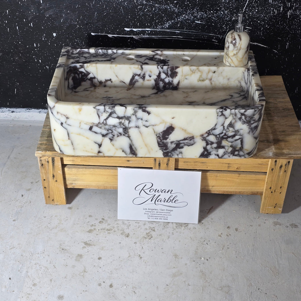 24’’ Calacatta Viola Marble Sink – Wall Mounted Floating Vanity – Luxury Bathroom Sink Handmade