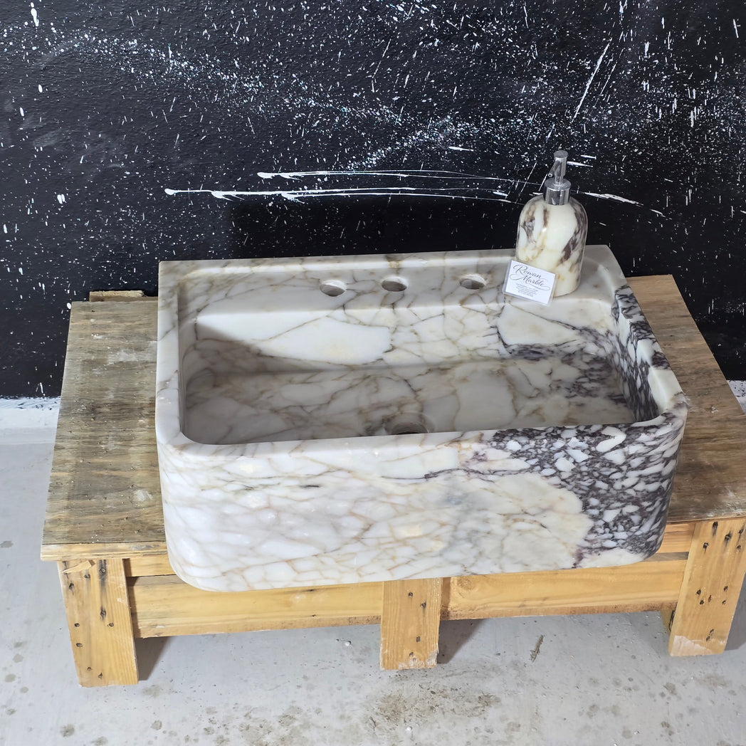 24’’ Calacatta Viola Marble Sink – Wall Mounted Floating Vanity – Luxury Bathroom Sink Handmade