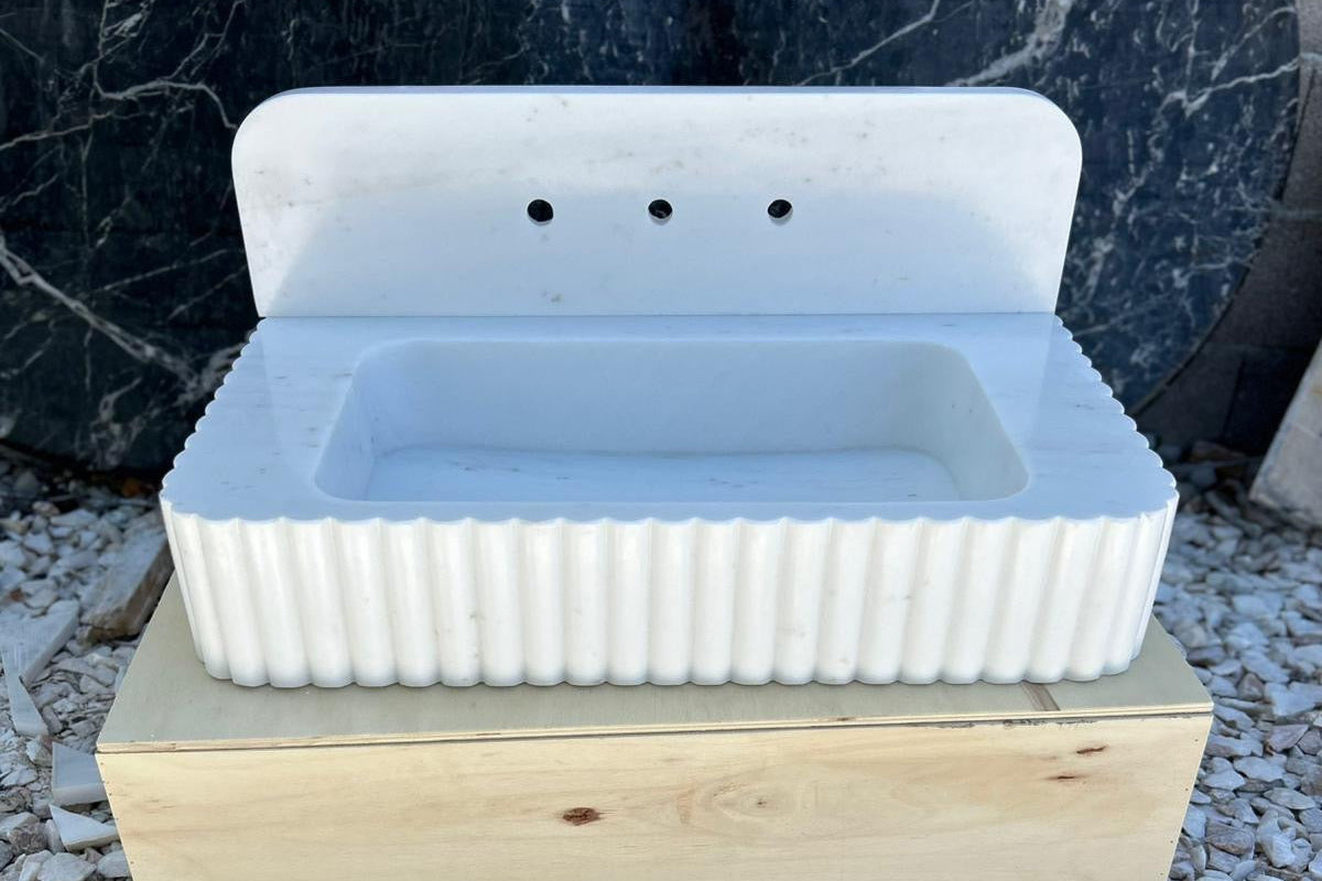 24’’ Tassos White Fluted Marble Sink – Wall Mounted Floating Vanity – Luxury Bathroom Sink Handmade