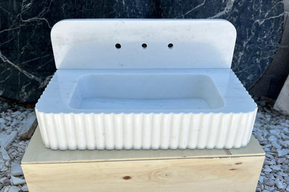 24’’ Tassos White Fluted Marble Sink – Wall Mounted Floating Vanity – Luxury Bathroom Sink Handmade