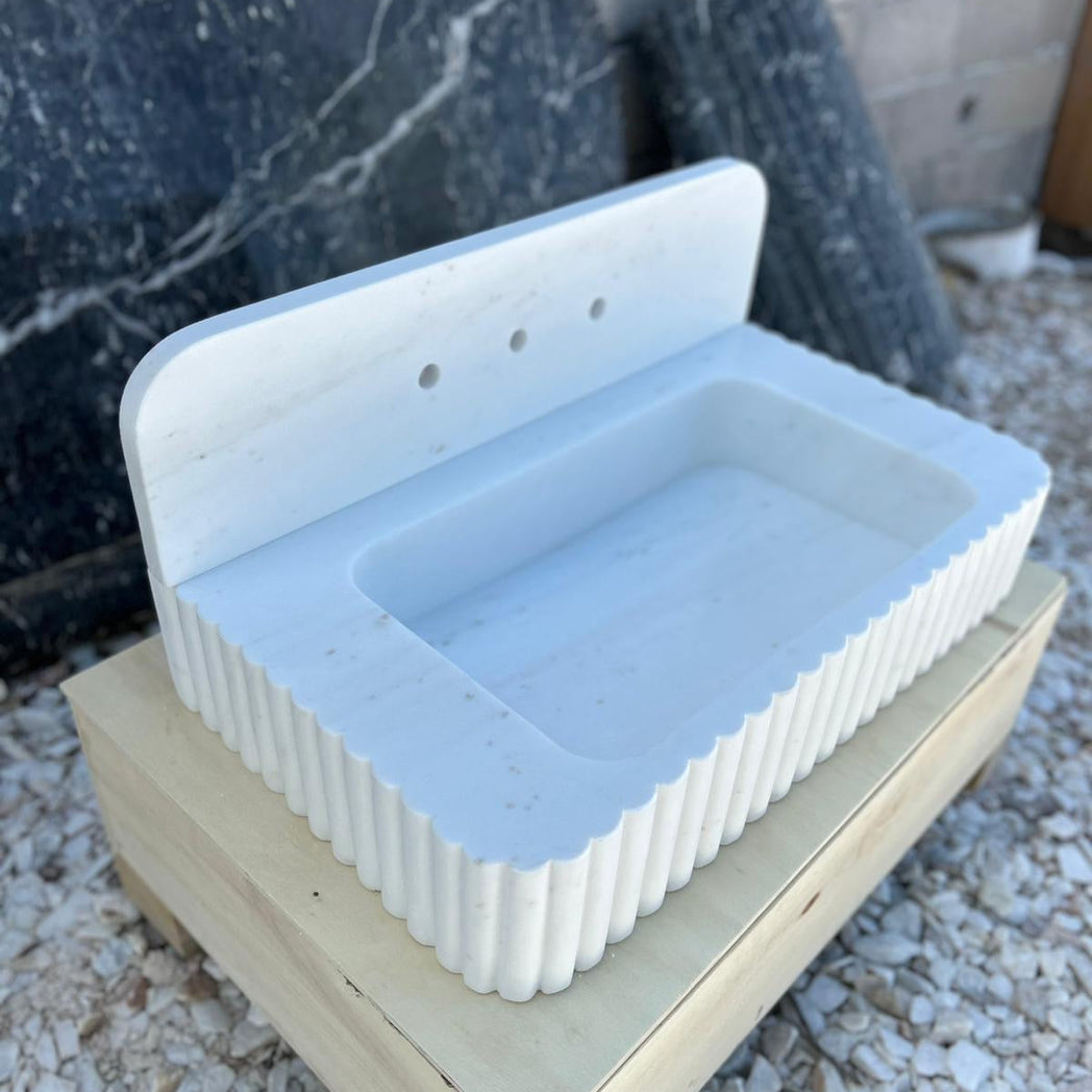 24’’ Tassos White Fluted Marble Sink – Wall Mounted Floating Vanity – Luxury Bathroom Sink Handmade