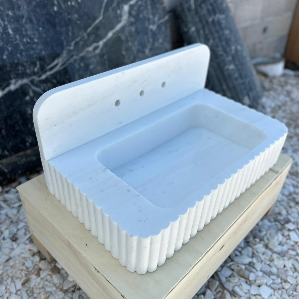 24’’ Tassos White Fluted Marble Sink – Wall Mounted Floating Vanity – Luxury Bathroom Sink Handmade