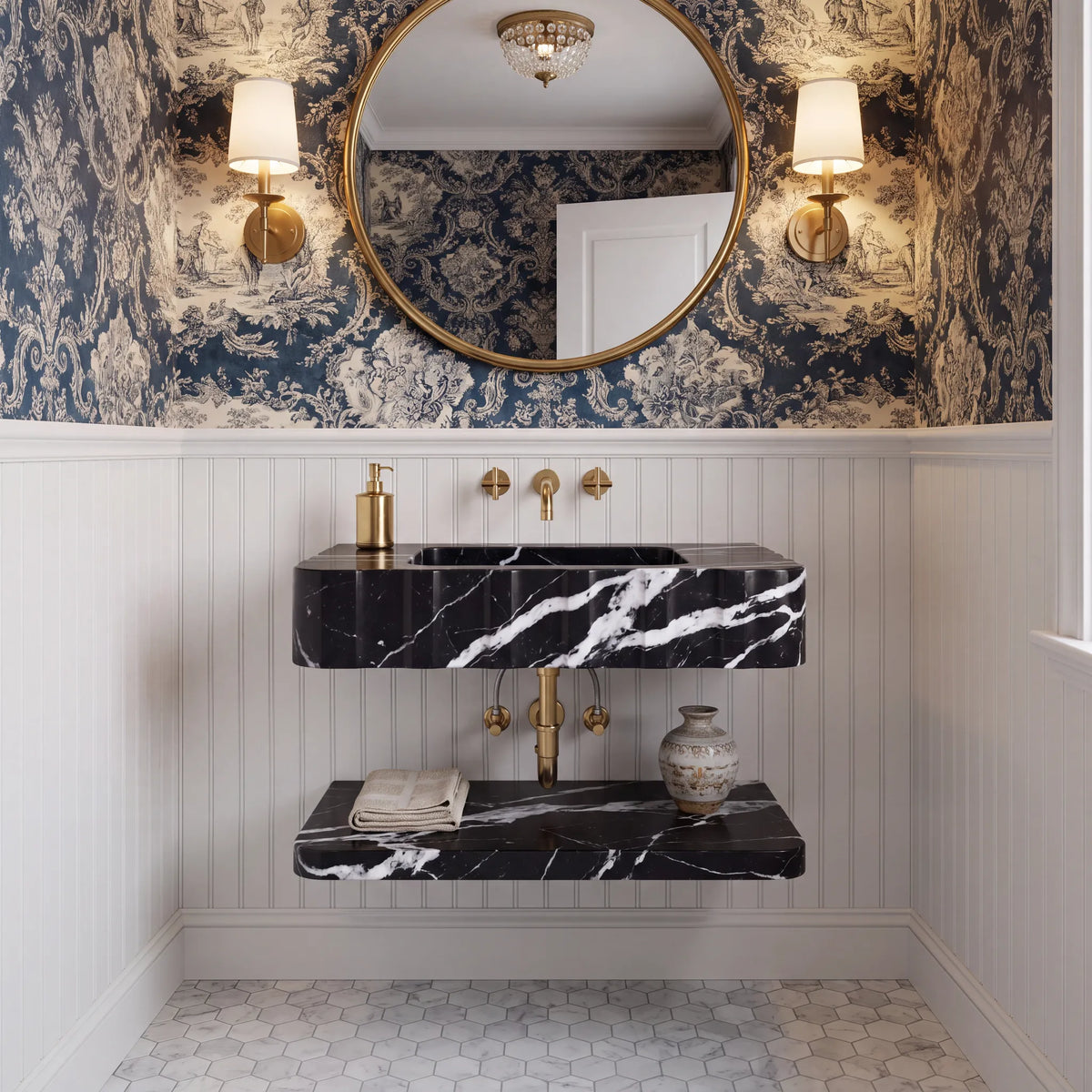 Monaco – Custom Wall-Mounted Nero Marquina Marble Bathroom Sink with Floating Shelf