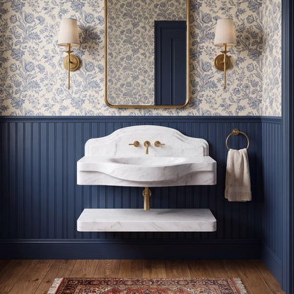 Montana – Custom Wall-Mounted Carrara White Marble Bathroom Sink with Backsplash & Floating Shelf