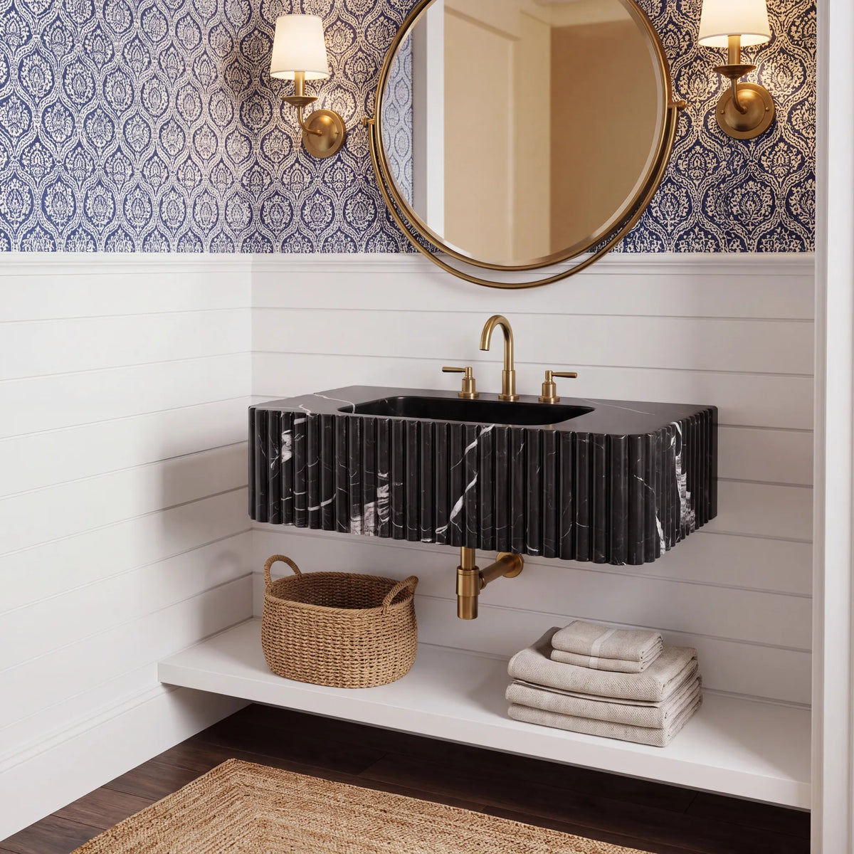 Noirmont Custom Wall-Mounted Fluted Nero Marquina Marble Bathroom Sink