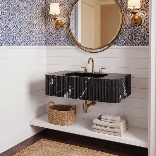 Noirmont Custom Wall-Mounted Fluted Nero Marquina Marble Bathroom Sink