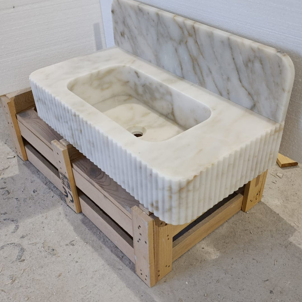 30’’ Calacatta Gold Fluted Marble Sink – Wall Mounted Floating Vanity – Luxury Bathroom Sink Handmade