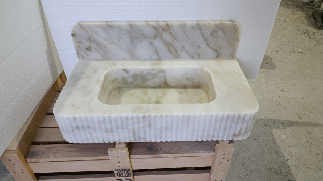 30’’ Calacatta Gold Fluted Marble Sink – Wall Mounted Floating Vanity – Luxury Bathroom Sink Handmade