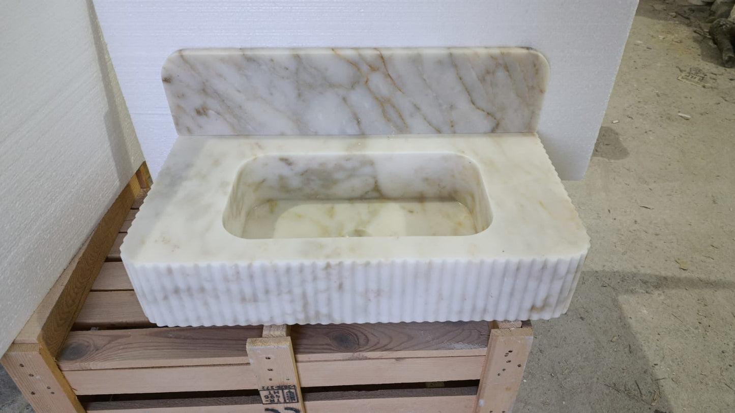 30’’ Calacatta Gold Fluted Marble Sink – Wall Mounted Floating Vanity – Luxury Bathroom Sink Handmade