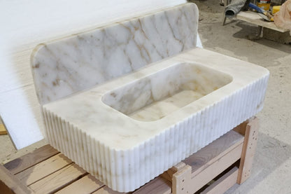 30’’ Calacatta Gold Fluted Marble Sink – Wall Mounted Floating Vanity – Luxury Bathroom Sink Handmade