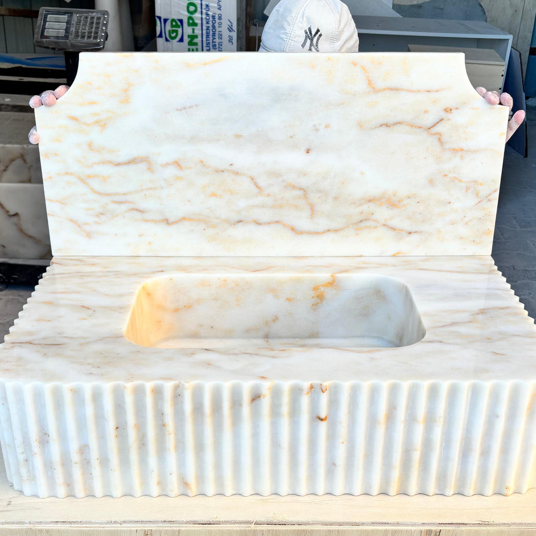 30’’ Calacatta Gold Marble Sink | Wall Mounted | Fluted | Backsplash