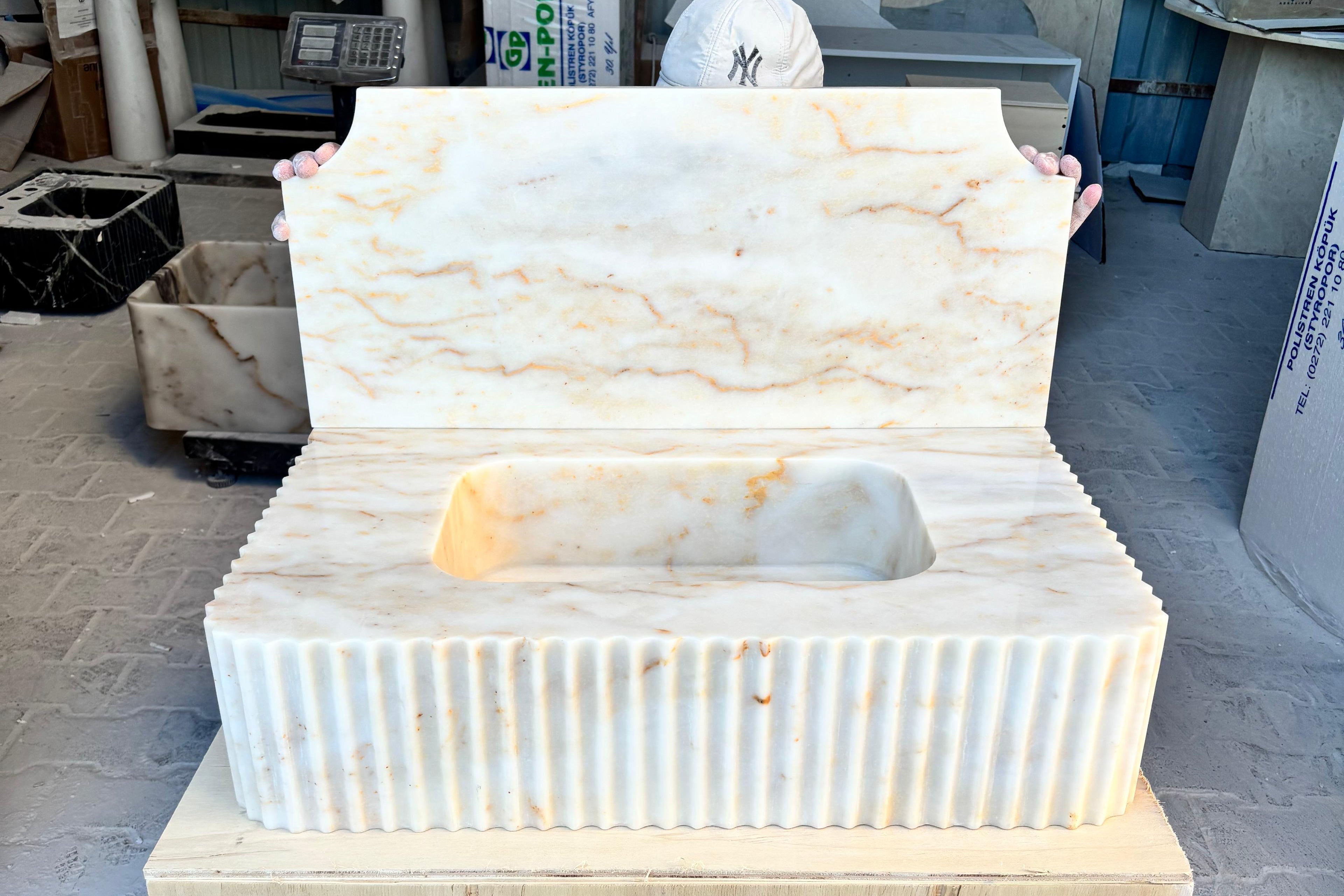 30’’ Calacatta Gold Marble Sink | Wall Mounted | Fluted | Backsplash