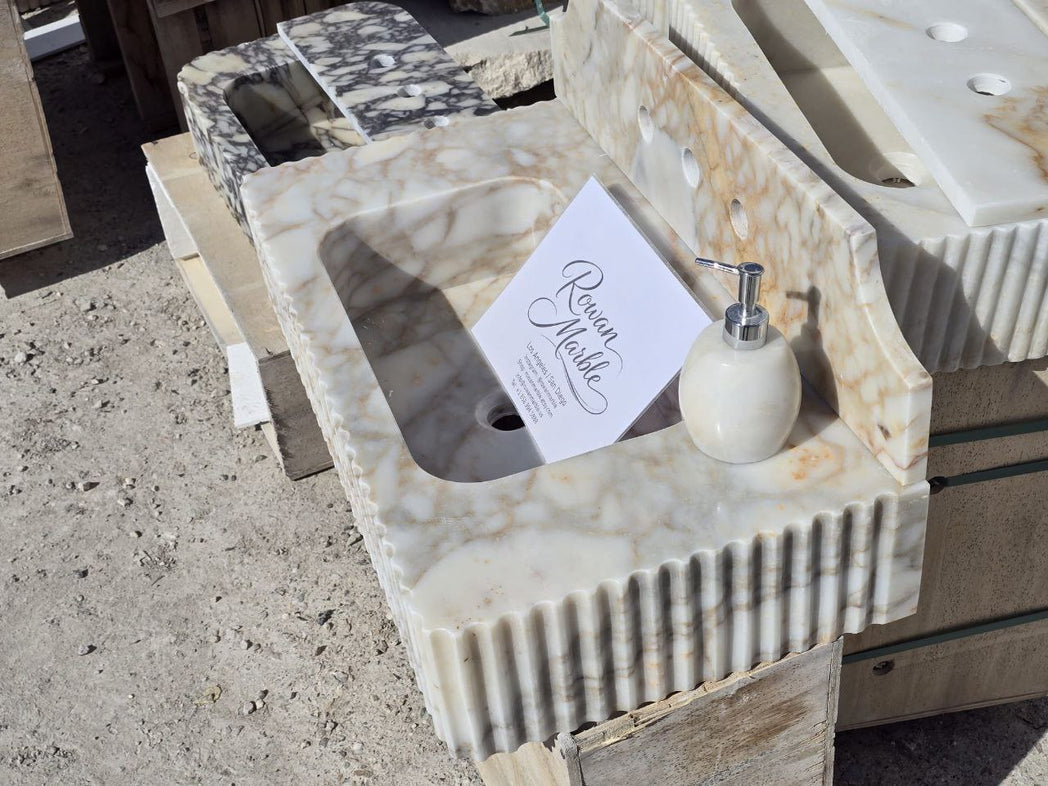 30’’ Calacatta Gold Marble Sink | Wall Mounted | Fluted | Backsplash