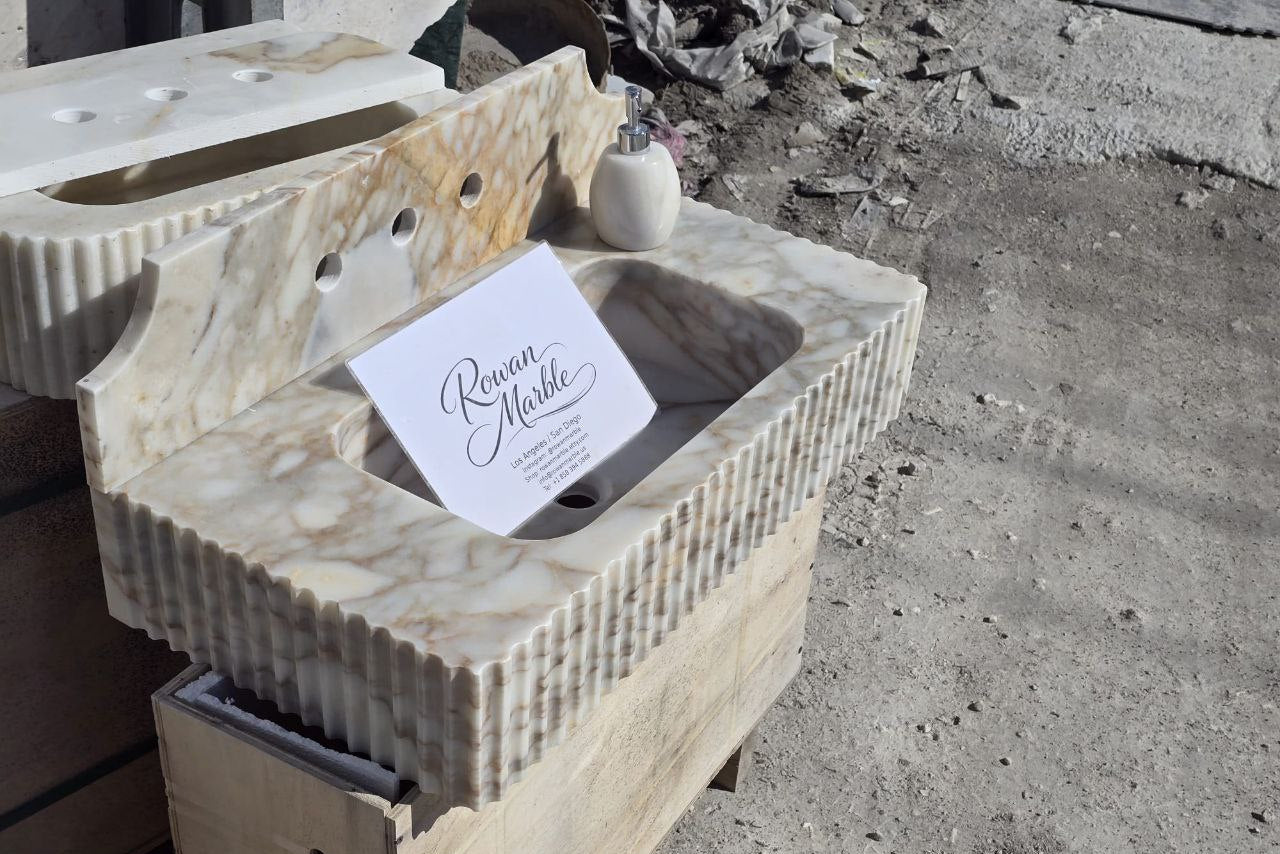 30’’ Calacatta Gold Marble Sink | Wall Mounted | Fluted | Backsplash