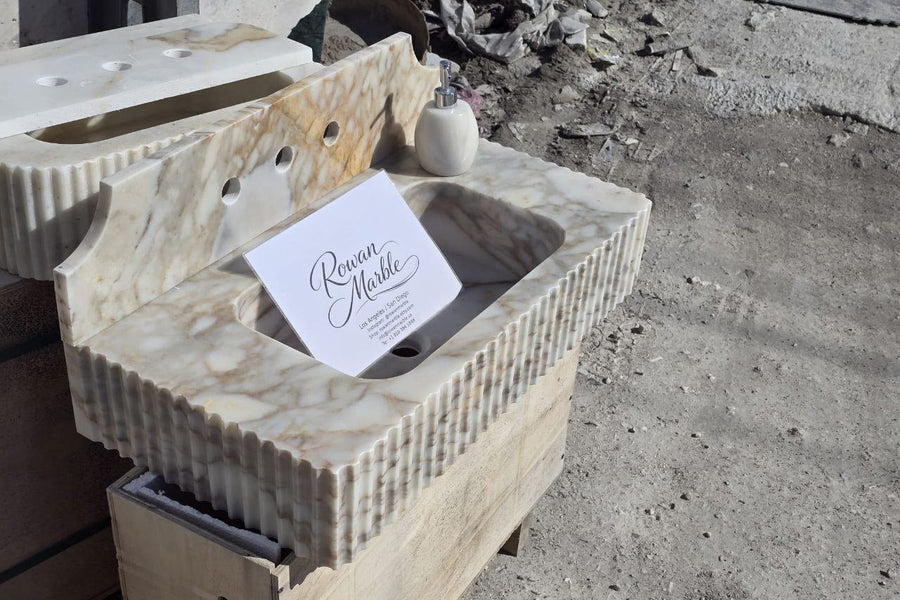 30" Calacatta Gold Fluted Marble Sink | Wall Mounted | Fluted | Backsplash