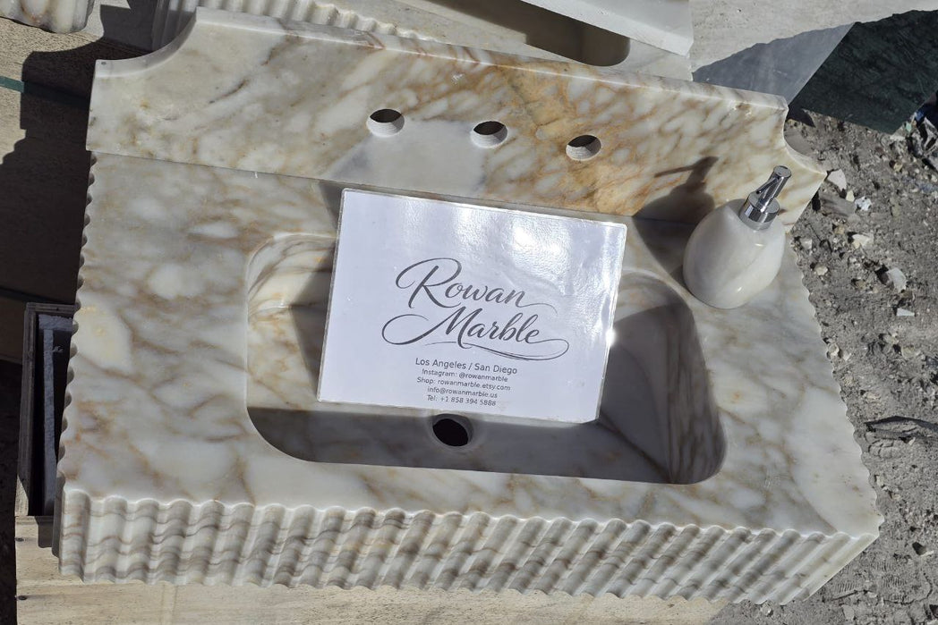 30’’ Calacatta Gold Marble Sink | Wall Mounted | Fluted | Backsplash