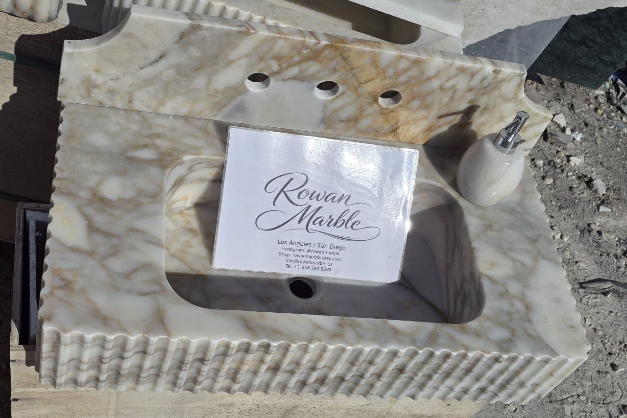 30’’ Calacatta Gold Marble Sink | Wall Mounted | Fluted | Backsplash