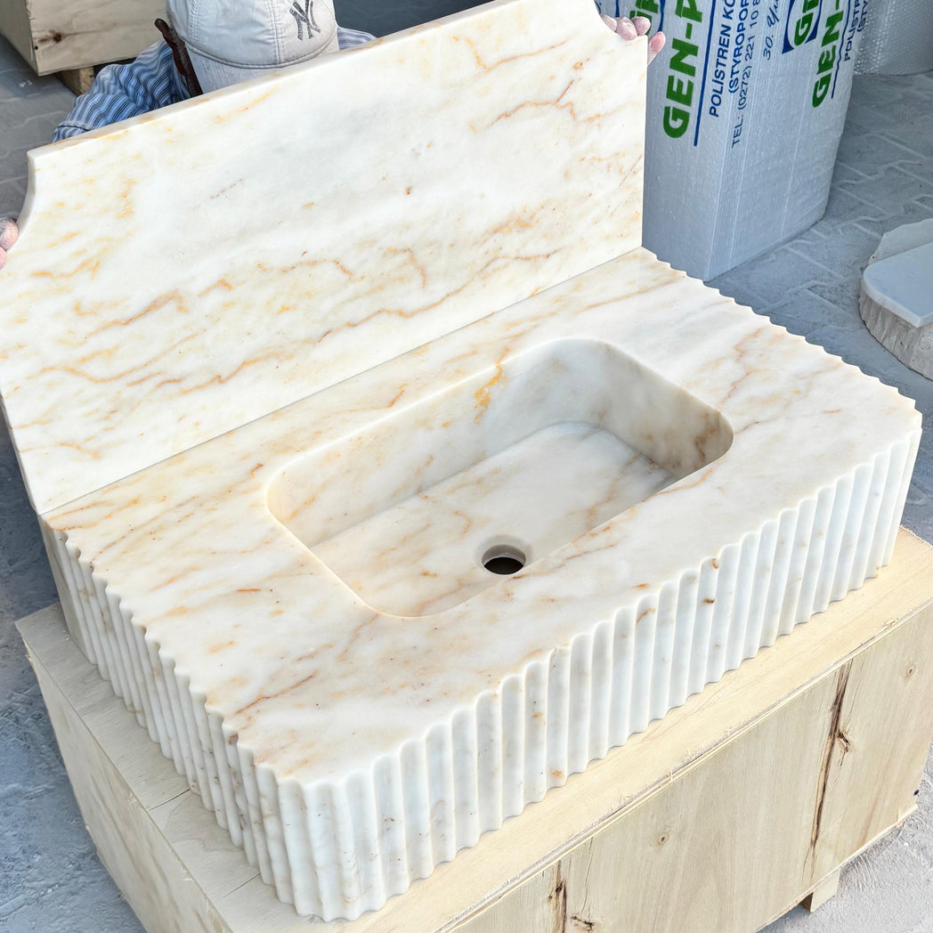30’’ Calacatta Gold Marble Sink | Wall Mounted | Fluted | Backsplash
