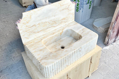 30’’ Calacatta Gold Marble Sink | Wall Mounted | Fluted | Backsplash