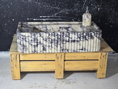30’’ Calacatta Viola Fluted Marble Sink – Wall Mounted Floating Vanity – Luxury Bathroom Sink Handmade