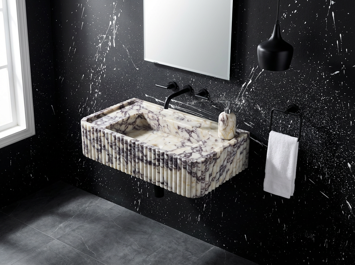 30’’ Calacatta Viola Fluted Marble Sink – Wall Mounted Floating Vanity – Luxury Bathroom Sink Handmade