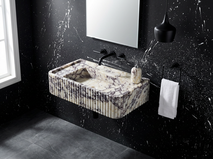 30’’ Calacatta Viola Fluted Marble Sink – Wall Mounted Floating Vanity – Luxury Bathroom Sink Handmade