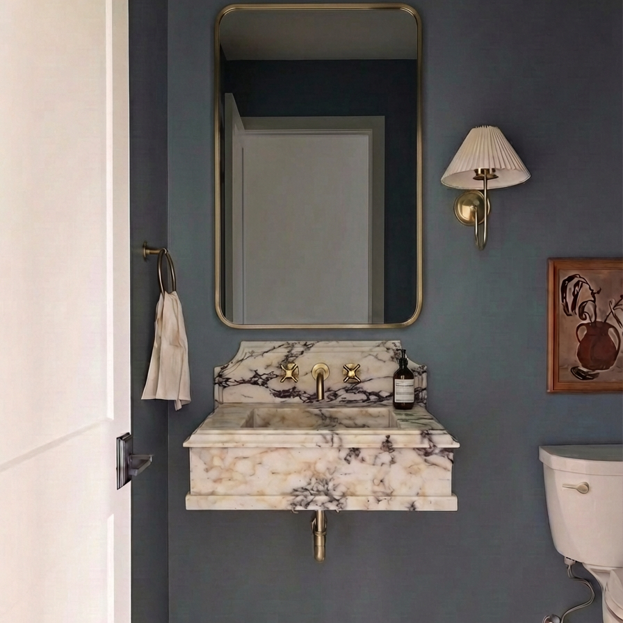 30’’ Calacatta Viola Marble Sink – Wall Mounted Floating Vanity – Luxury Bathroom Sink Handmade