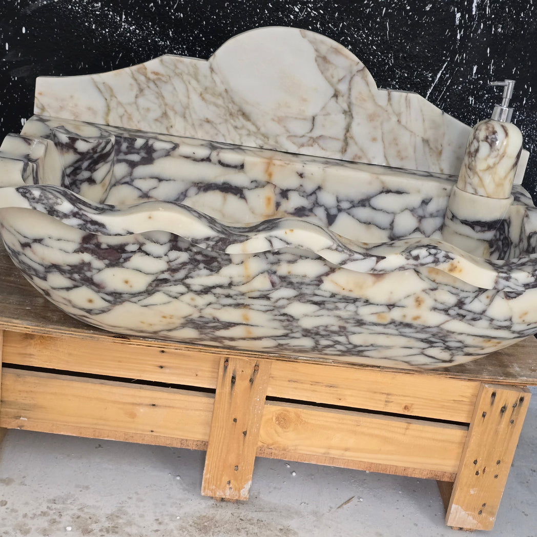 30’’ Calacatta Viola Wave Front Marble Sink – Wall Mounted Floating Vanity – Luxury Bathroom Sink Handmade