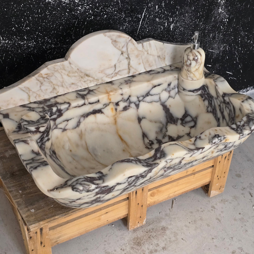 30’’ Calacatta Viola Wave Front Marble Sink – Wall Mounted Floating Vanity – Luxury Bathroom Sink Handmade